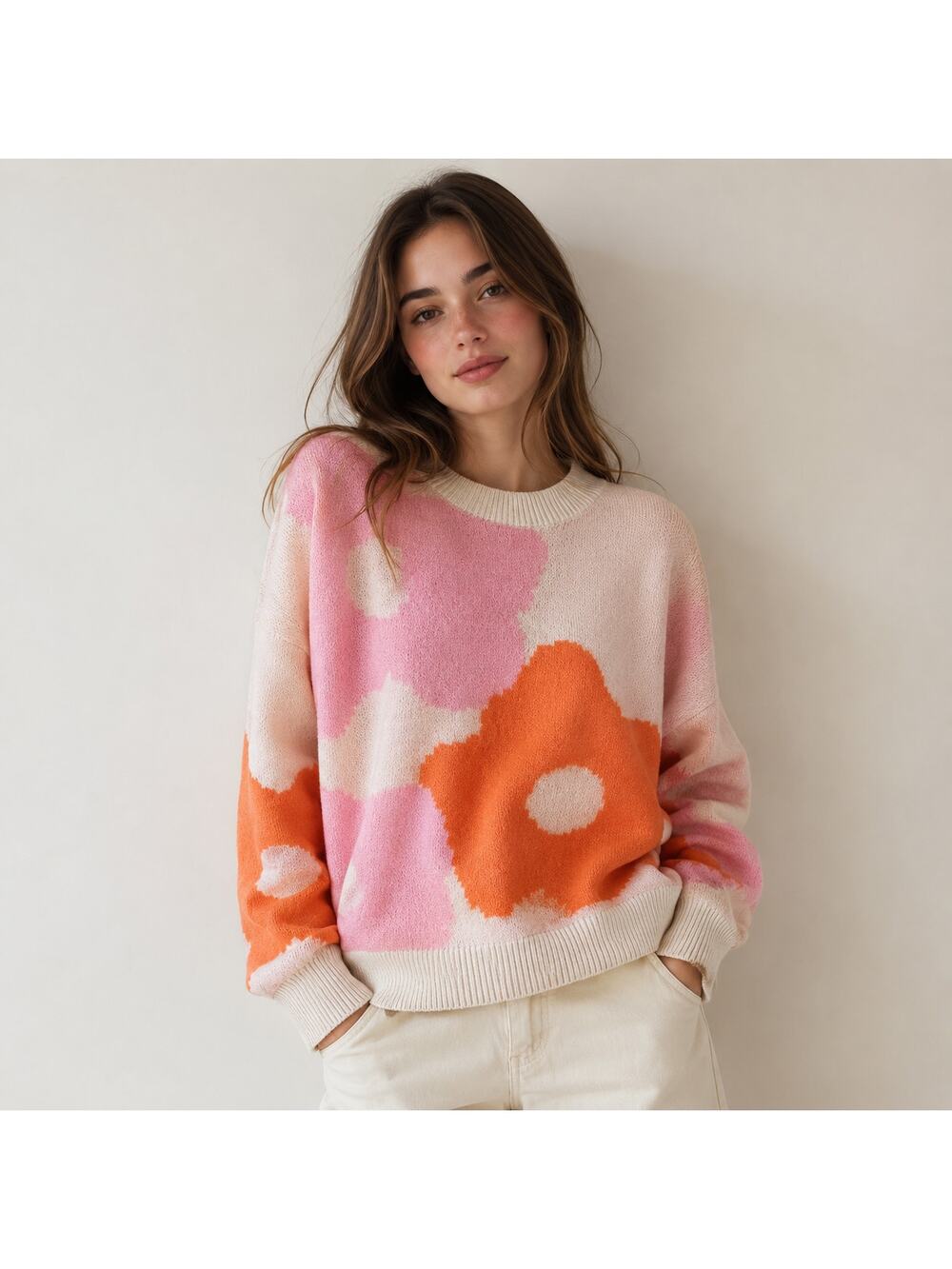 143 Story by line up Orange pink floral oversized sweater Large fuzzy cozy soft